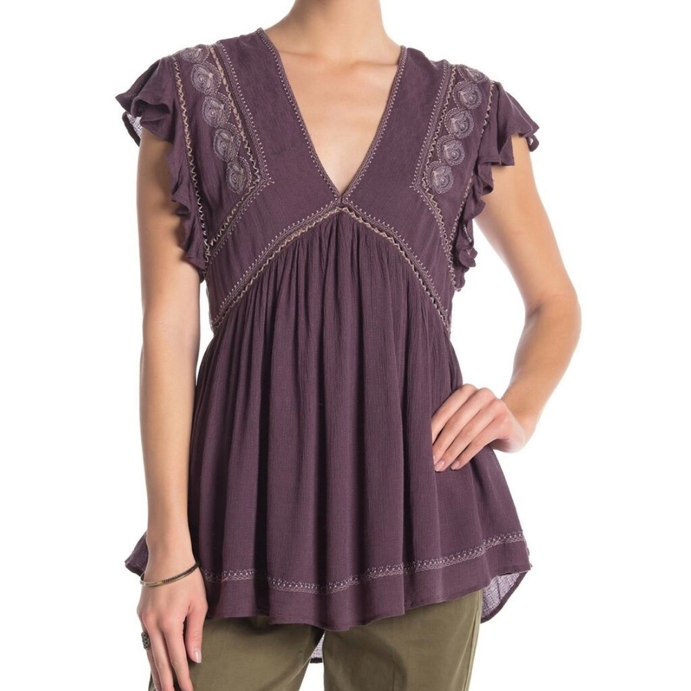Free People XS Falling Water Purple | Plum Ruffle Embroidered Tunic Top NWOT - Picture 2 of 11